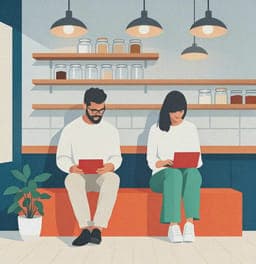 Two people working on laptops on a bench in a café