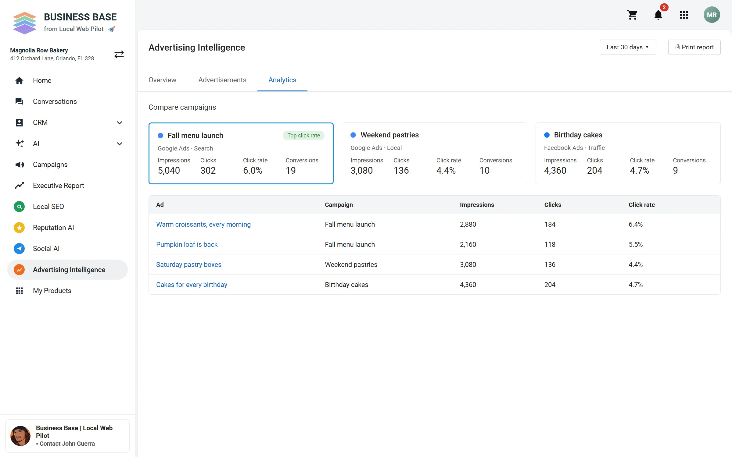 Business Base Advertising Intelligence screen comparing three sample ad campaigns, with sample results for each ad.