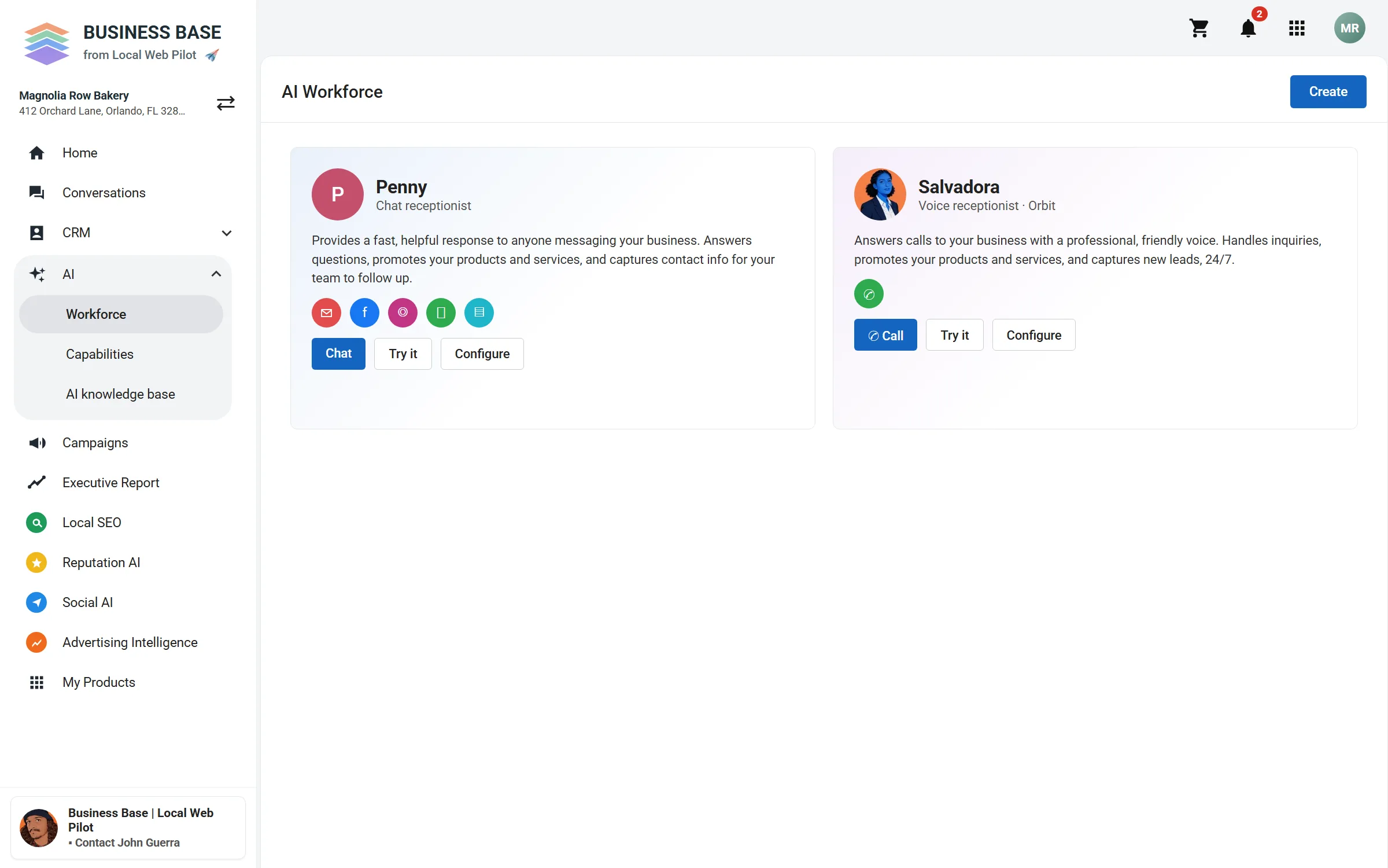 Business Base AI Workforce screen with two sample AI team members.