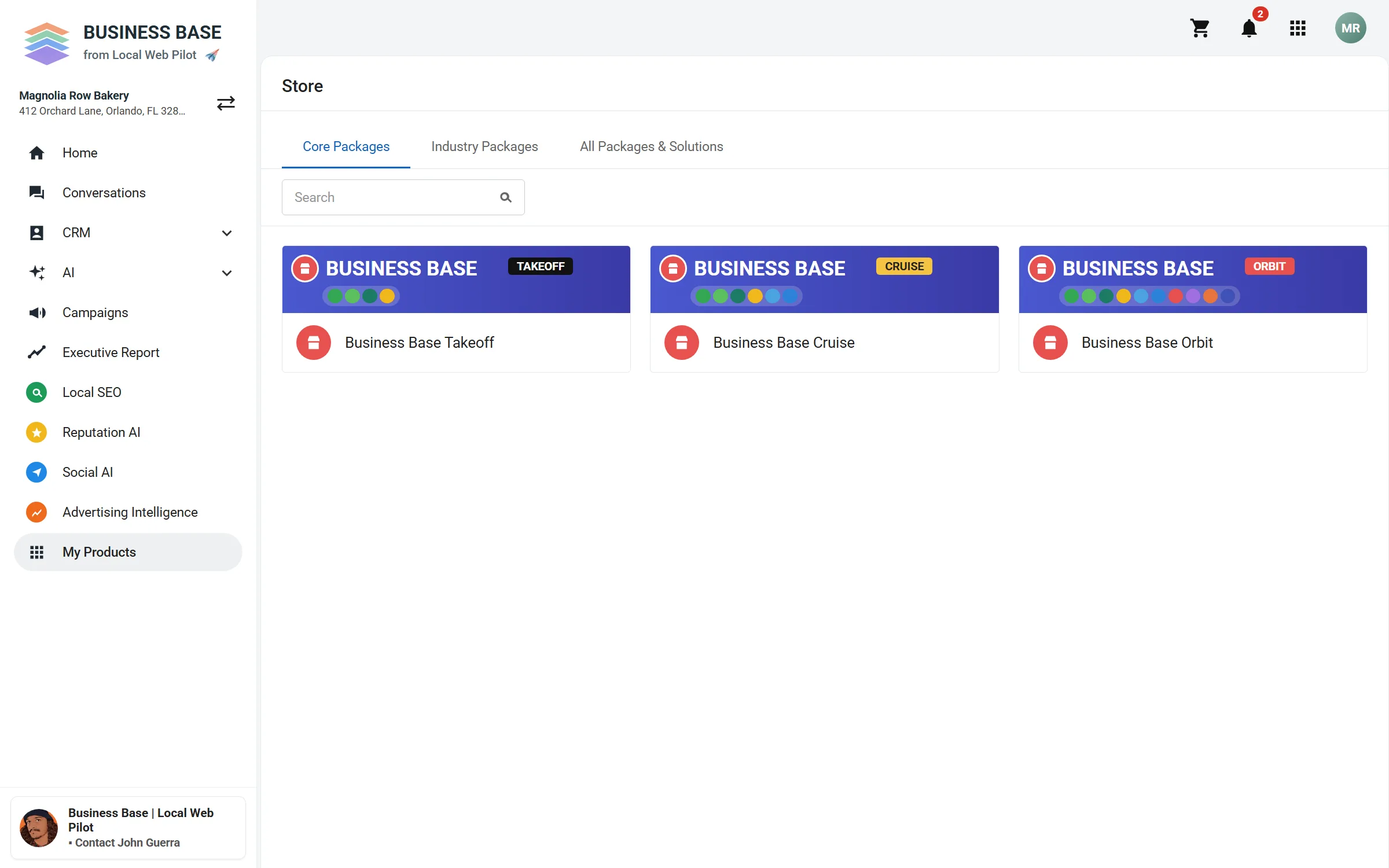Business Base Store screen showing three Business Base packages.