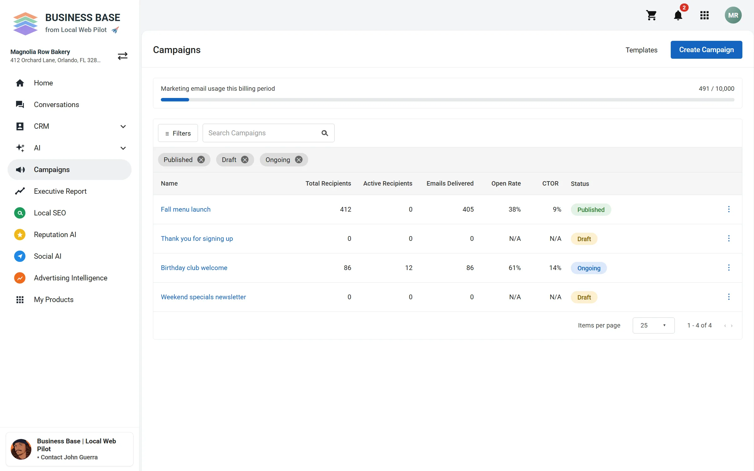 Business Base email Campaigns list showing, for each sample campaign, recipients, delivered, open rate, and status.