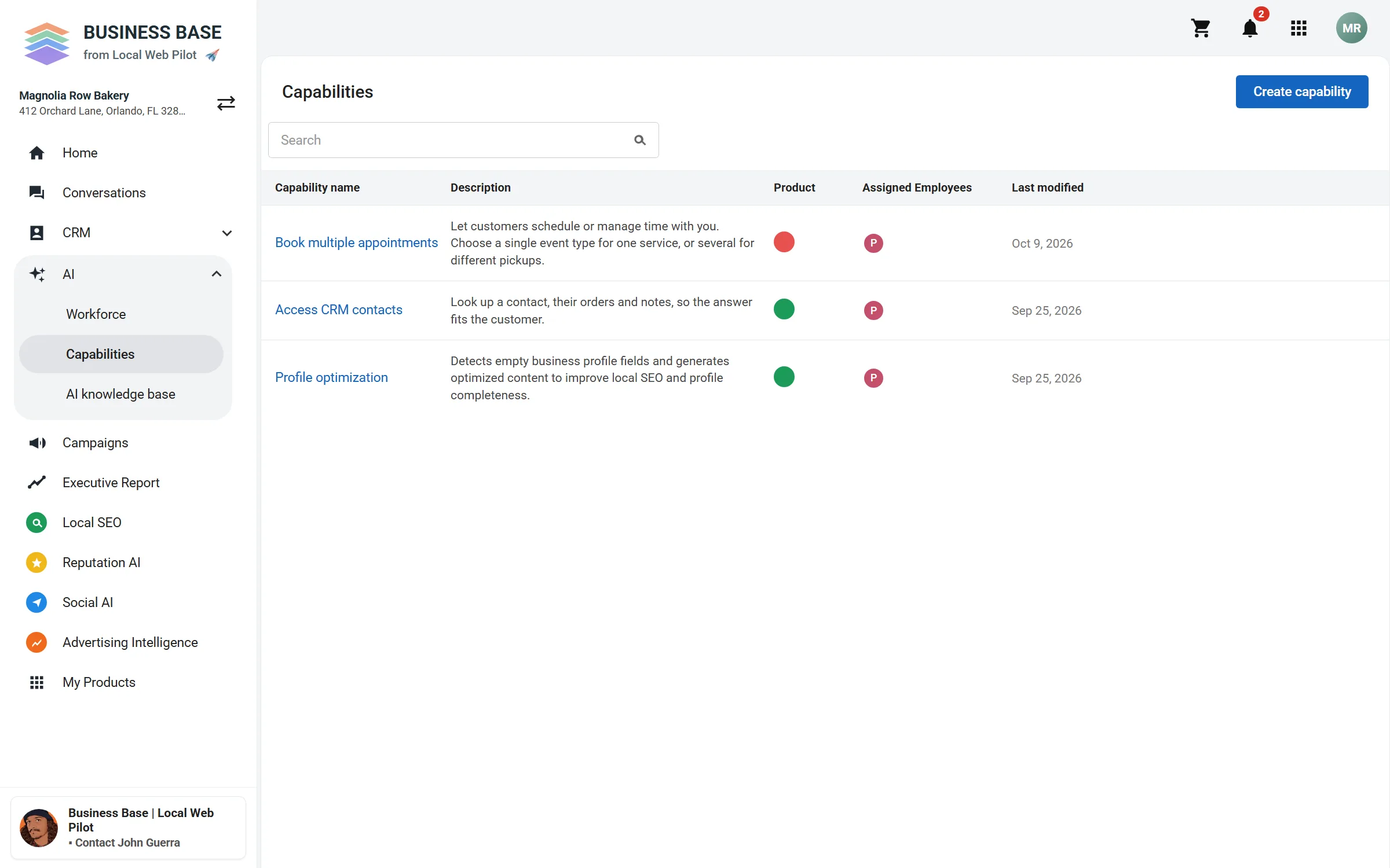 Business Base Conversation AI screen with a list of capabilities.
