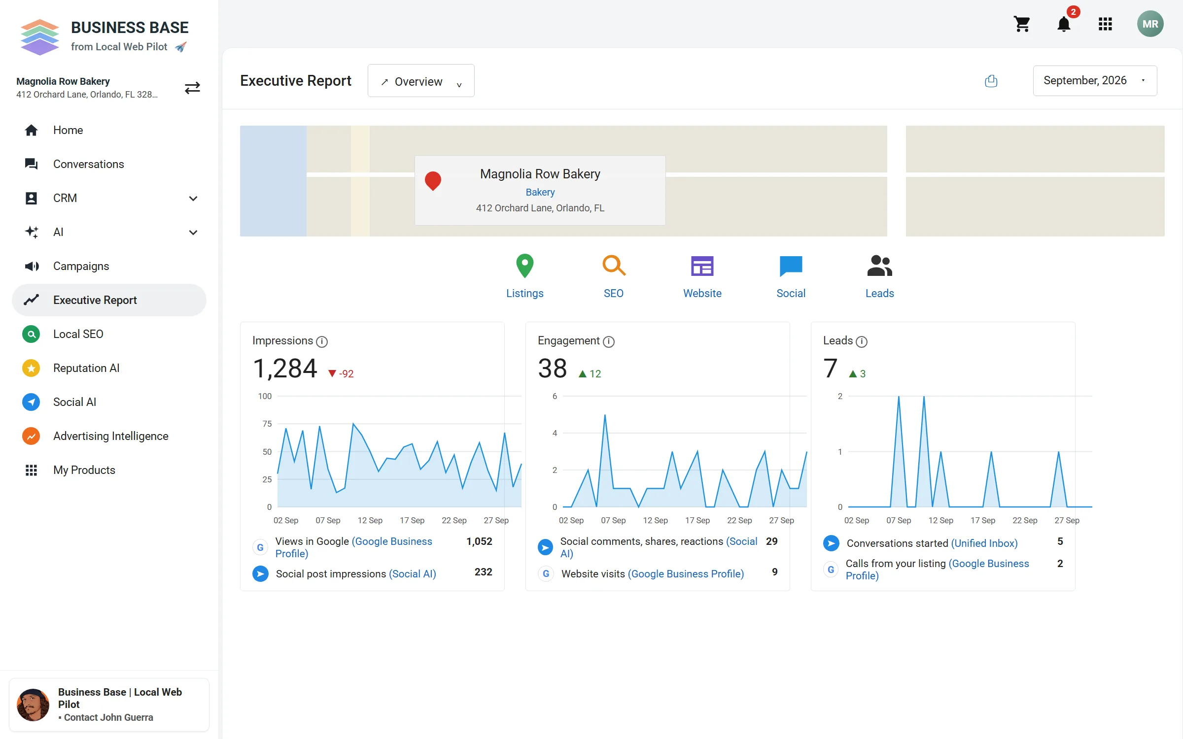 Business Base Executive Report screen for one month, in sections for listings, SEO, website, and social, with sample data.