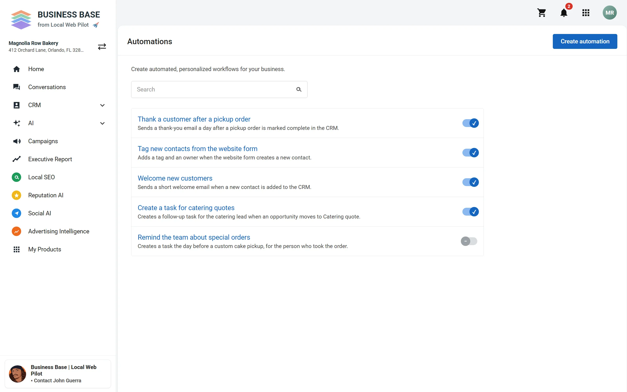 Business Base Automations screen with a list of sample automations.
