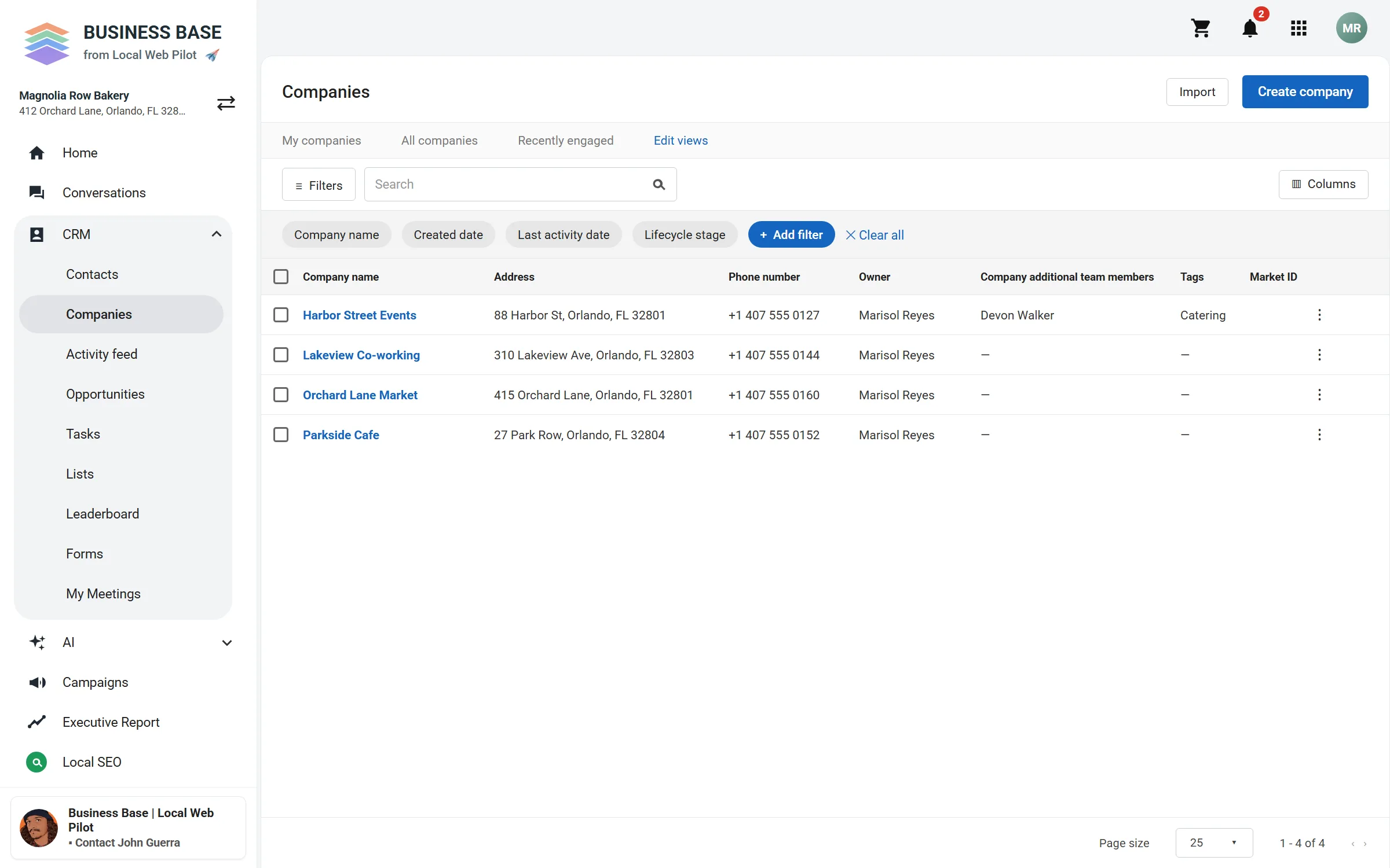 Business Base Companies screen with a list of sample companies.