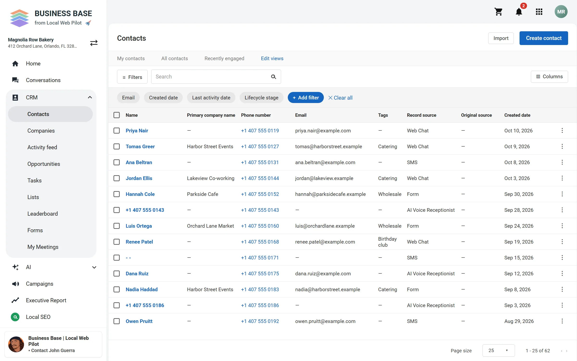 Business Base Contacts screen with a list of sample contacts.