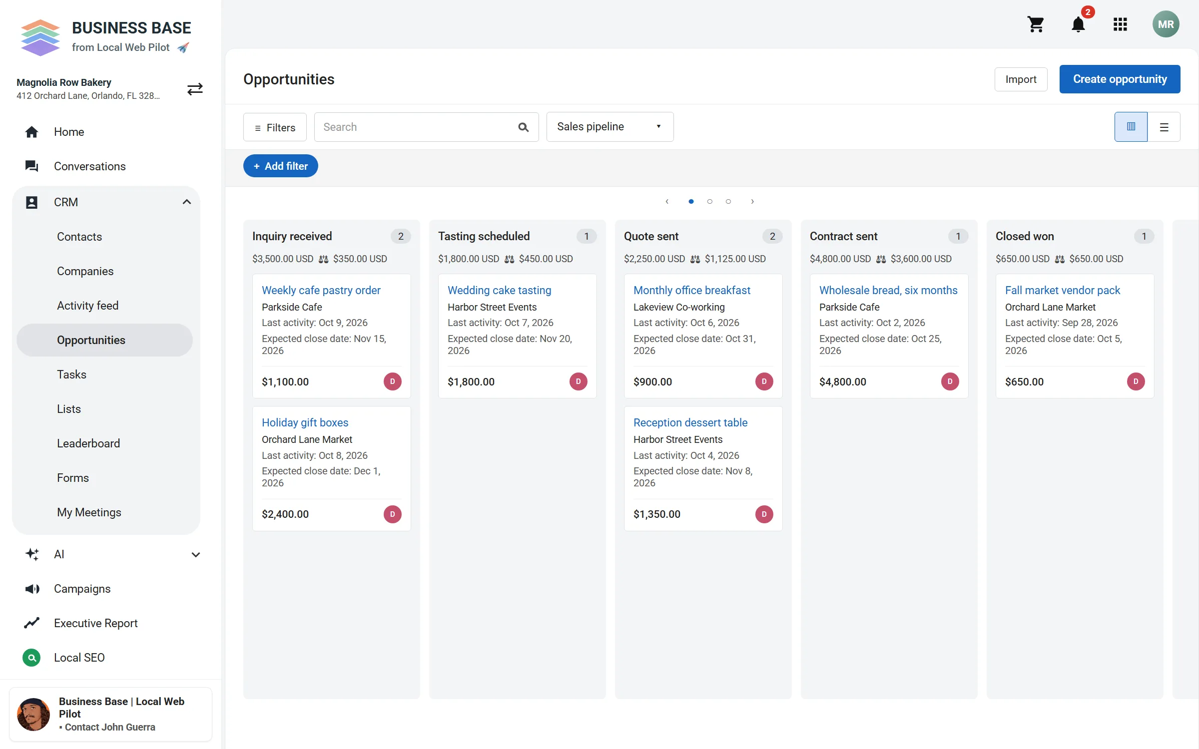 Business Base Opportunities screen with a board of sample opportunities, in columns by stage.