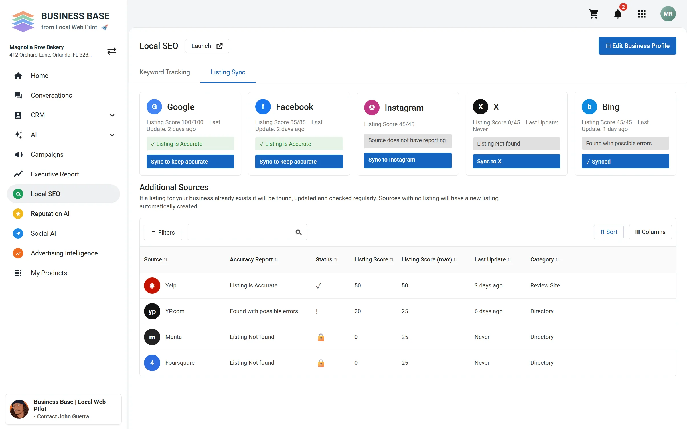 Business Base Listing Sync screen listing sites such as Google and Facebook, each with a sample score and a status message.