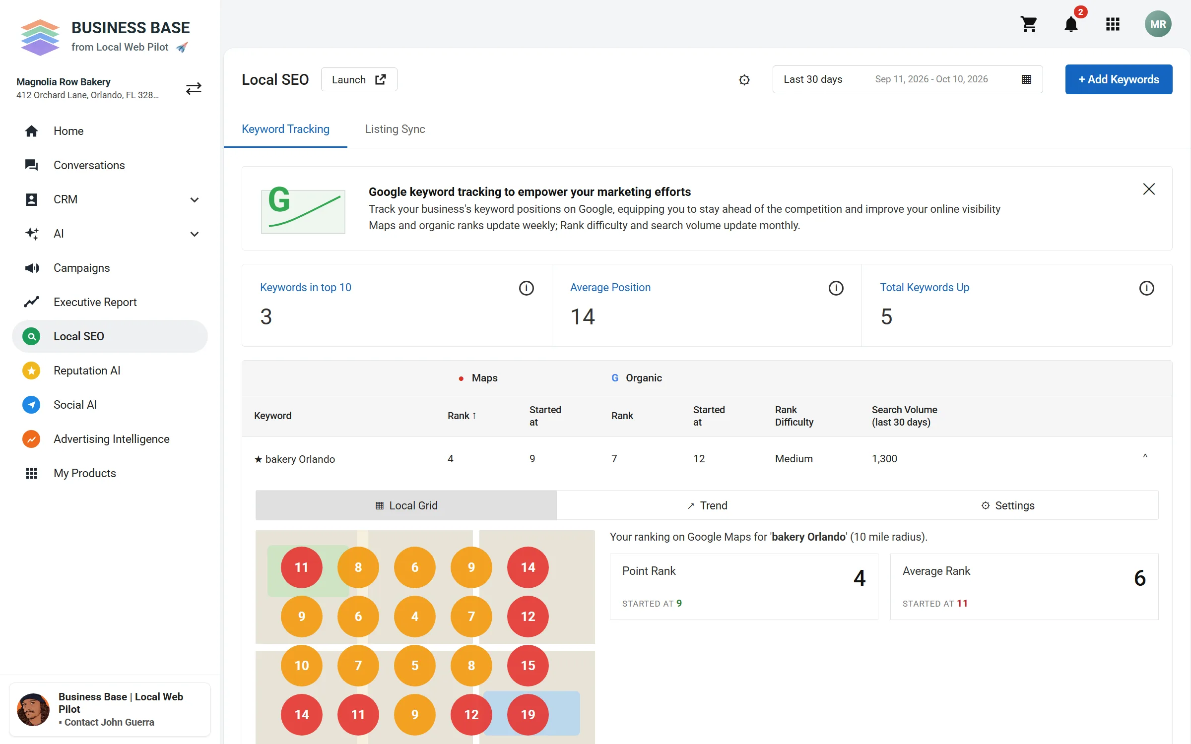 Business Base Keyword Tracking screen showing sample Google search positions for keywords.