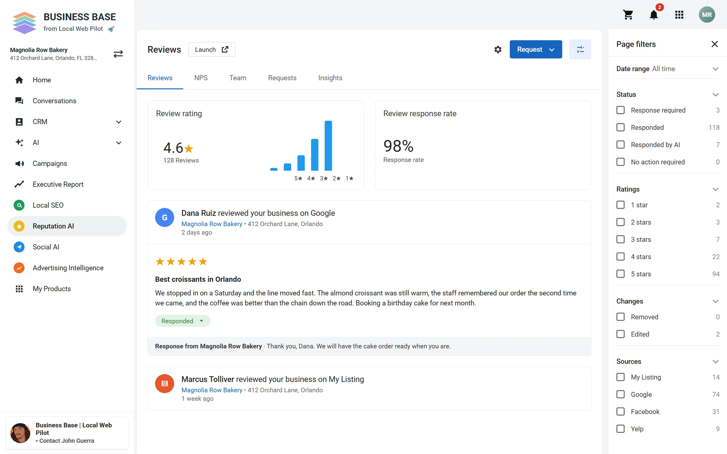 Business Base Reviews screen showing a sample rating, a review response rate, and a Google review with a reply suggested by AI.