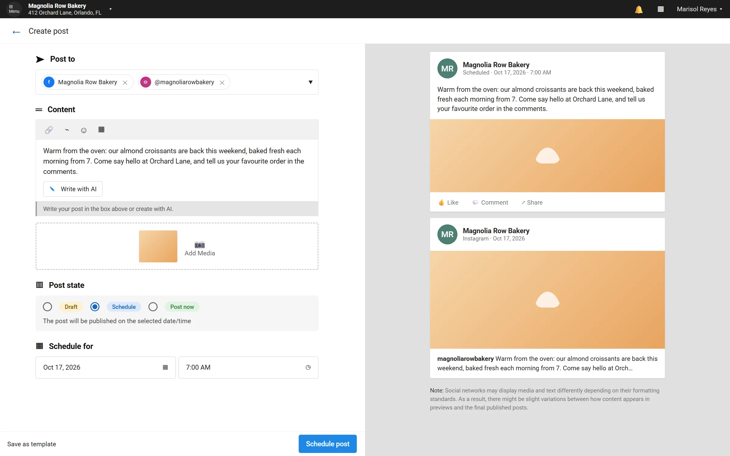 Business Base Create post screen with a drafted post for Facebook and Instagram, written with AI help.