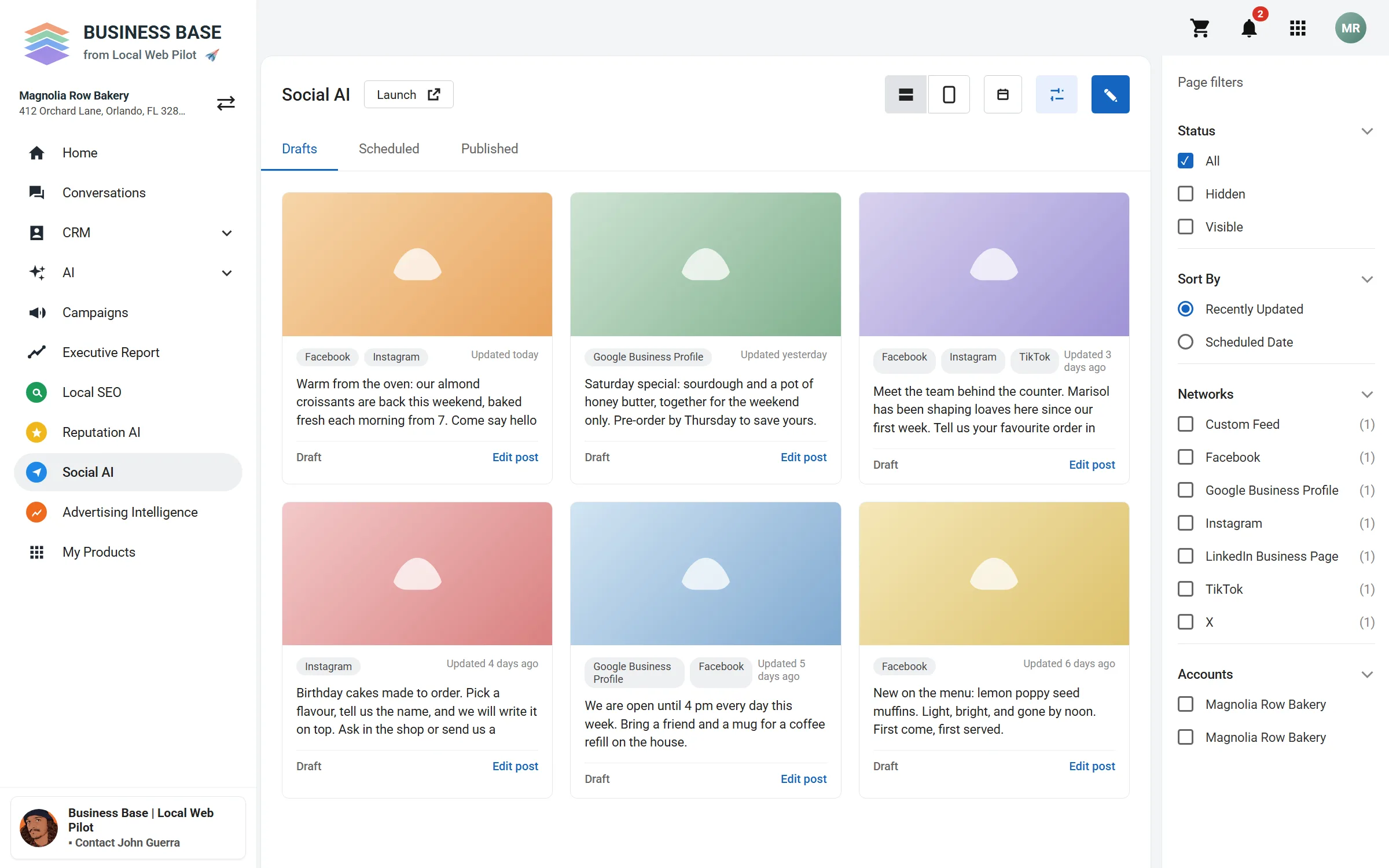 Business Base Drafts screen listing posts for Facebook, Instagram, and Google Business Profile, each with an Edit post button.
