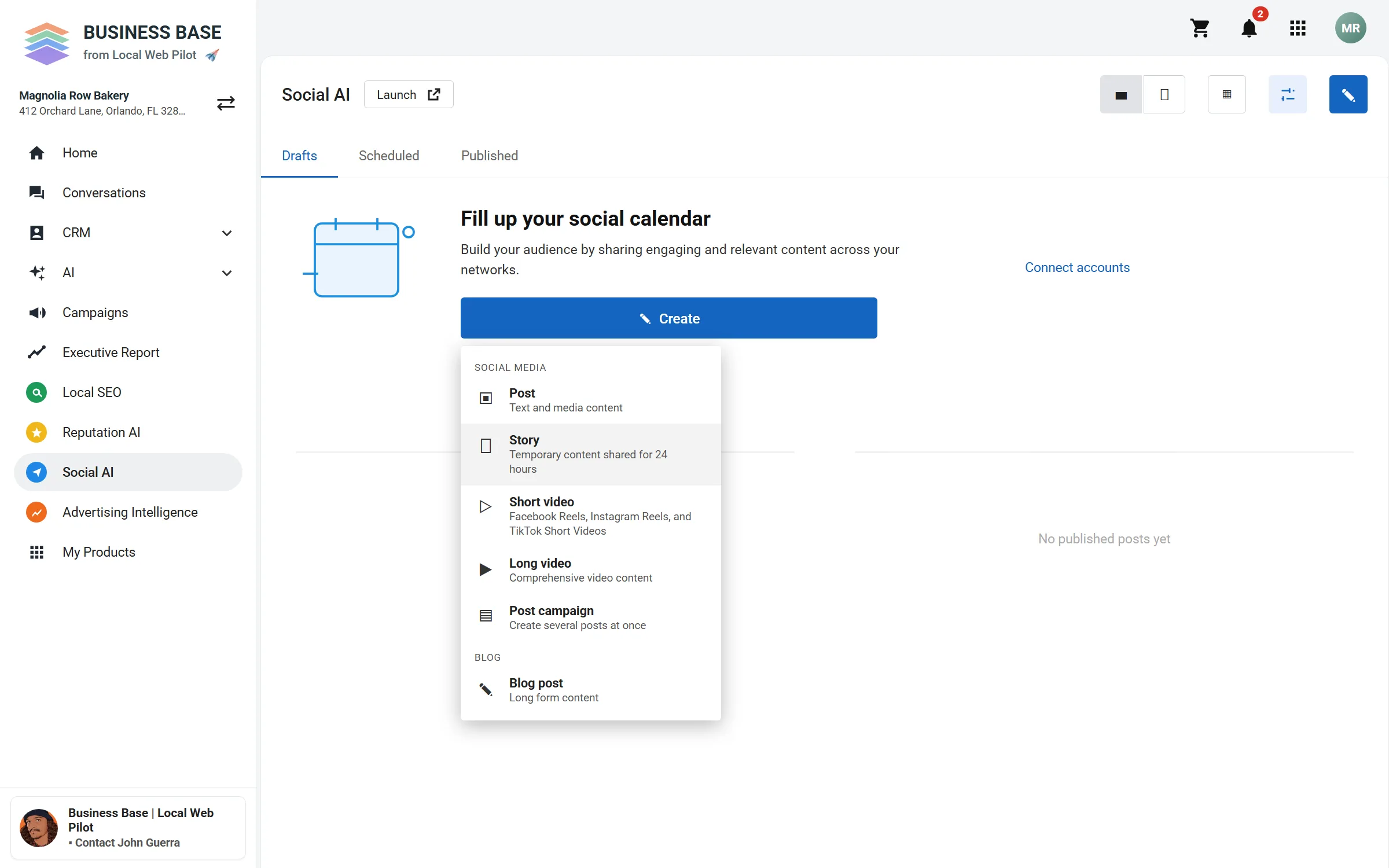 Business Base screen titled Fill up your social calendar, with a Create picker offering Post, Story, and Short video.
