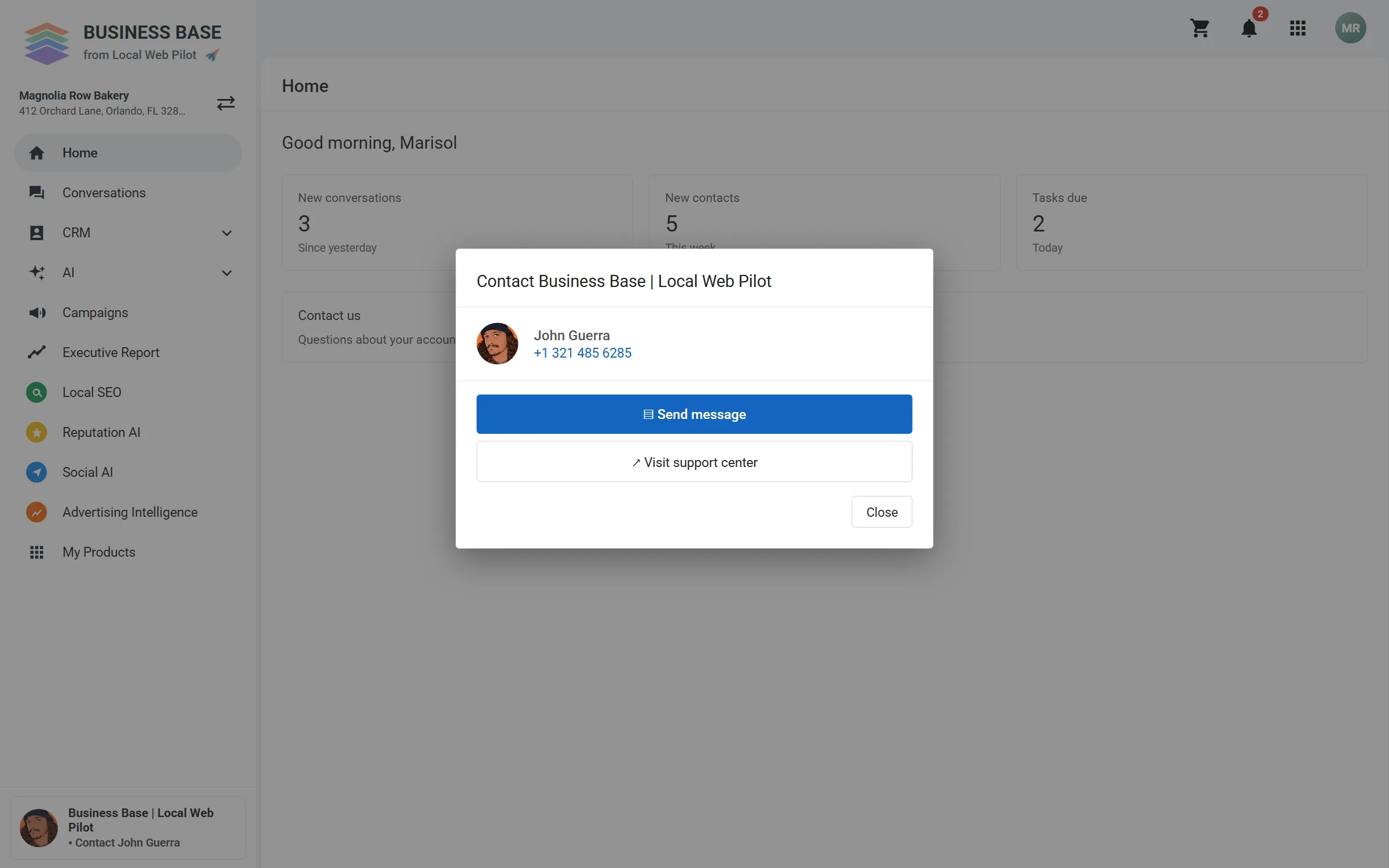 Business Base app with a Local Web Pilot contact pop-up on top.