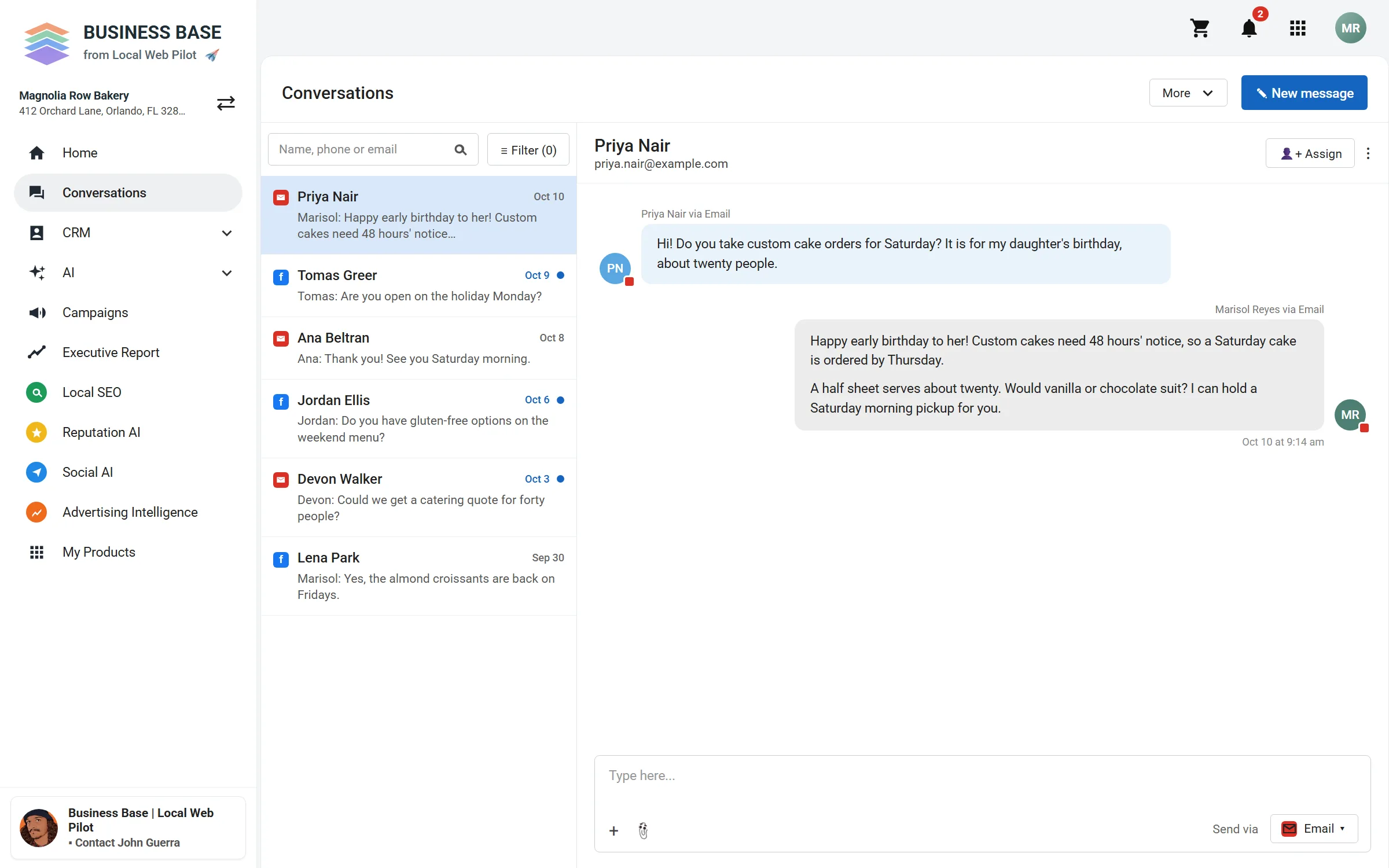 Business Base Conversations screen with a list of message threads and one open thread, a reply to a question about a custom cake.