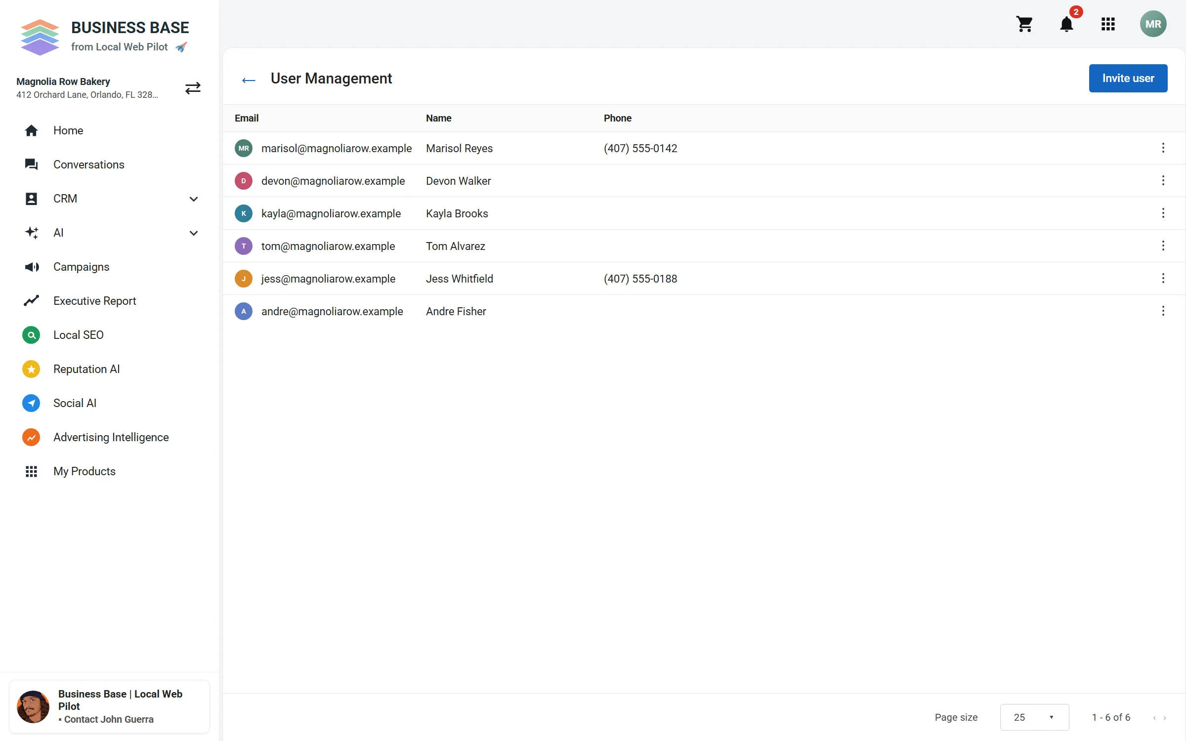 Business Base User Management screen listing six sample team members, with an Invite user button.